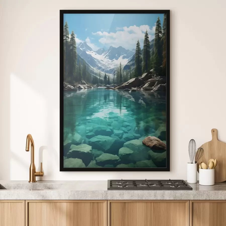 murales de pared Río alpino cristalino con lecho rocoso y picos nevados. f46514