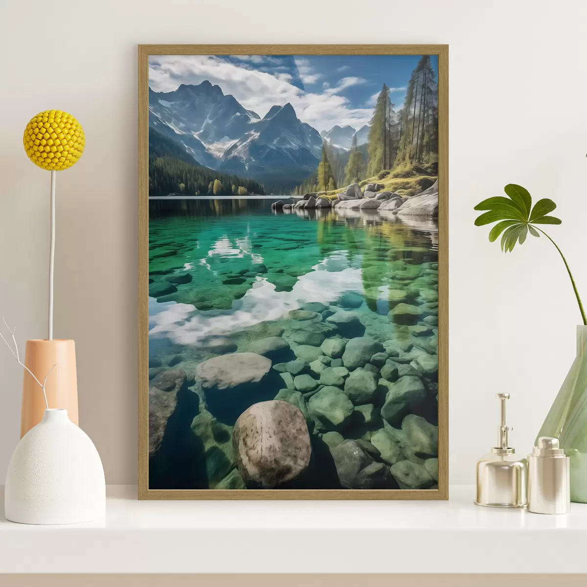Poster Lago alpino esmeralda con rocas en el fondo y picos imponentes f46515