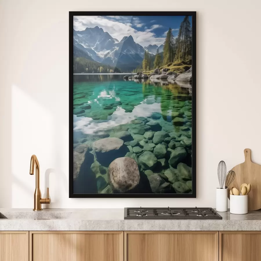 murales de pared Lago alpino esmeralda con rocas en el fondo y picos imponentes. f46515