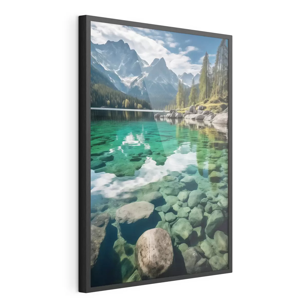 Poster Lago alpino esmeralda con rocas en el fondo y picos imponentes f46515