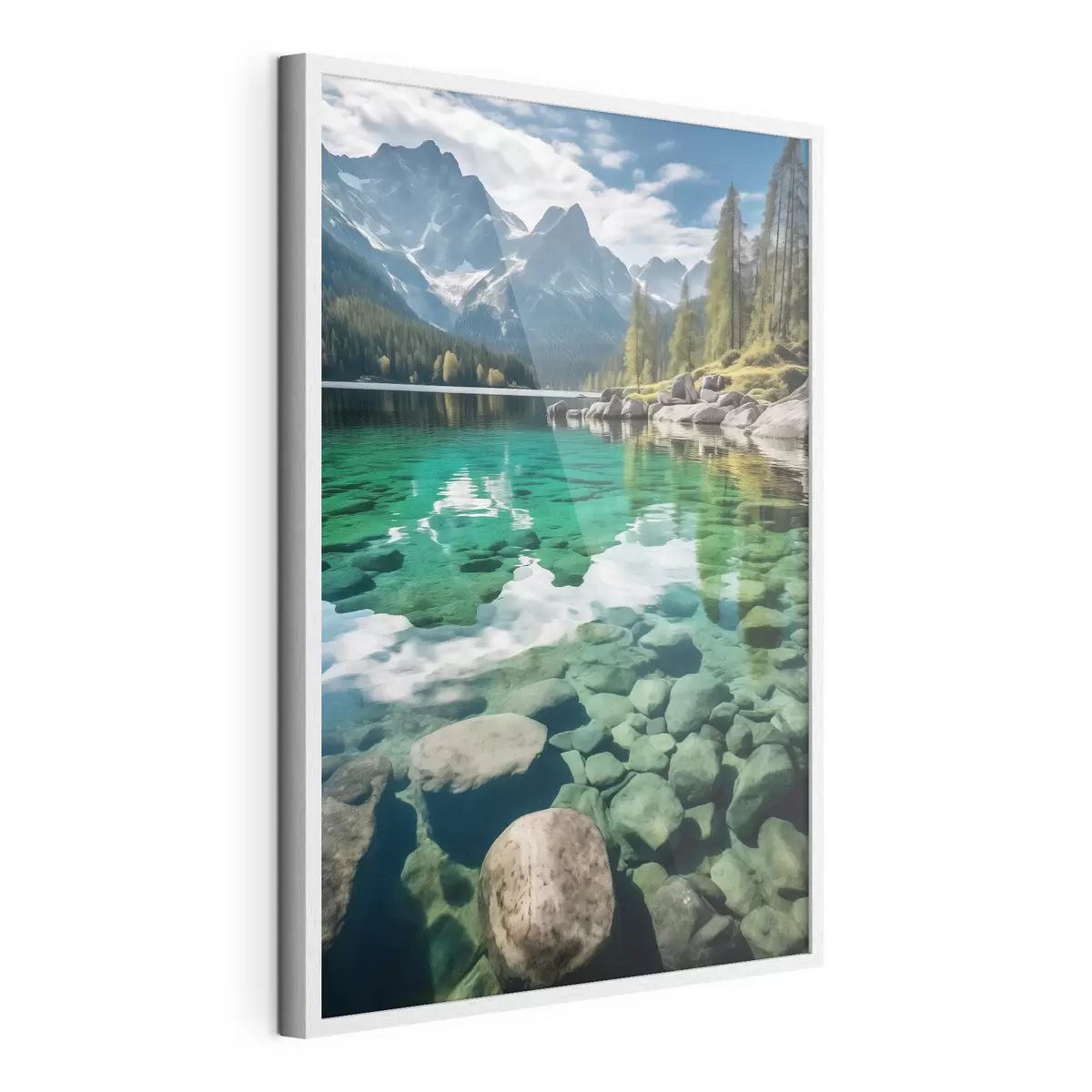 Poster Lago alpino esmeralda con rocas en el fondo y picos imponentes f46515
