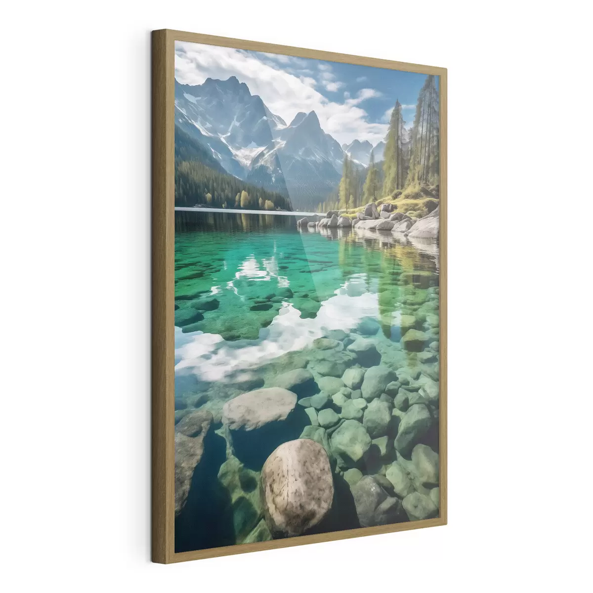 Poster Lago alpino esmeralda con rocas en el fondo y picos imponentes f46515