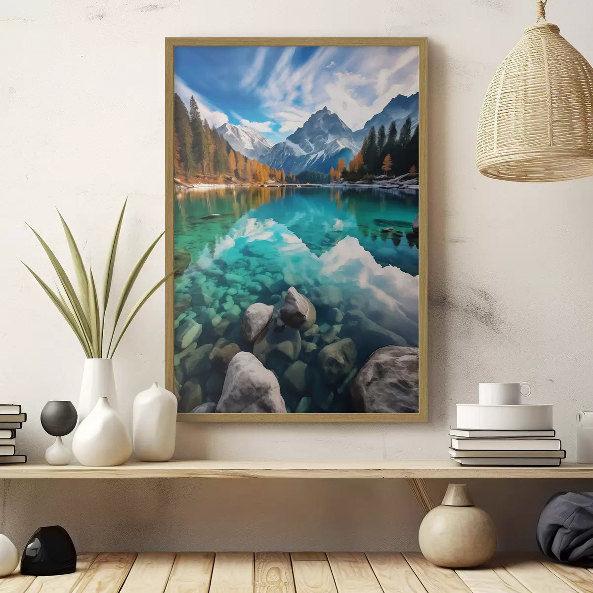 Poster Lago de montaña con aguas turquesas y alerces otoñales f46517