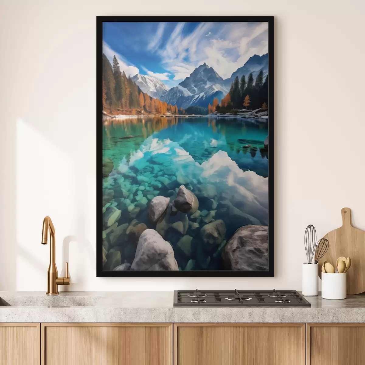 Poster Lago de montaña con aguas turquesas y alerces otoñales. f46517