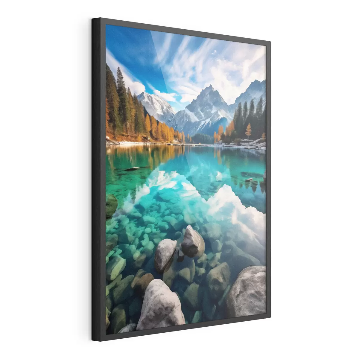 Poster Lago de montaña con aguas turquesas y alerces otoñales f46517