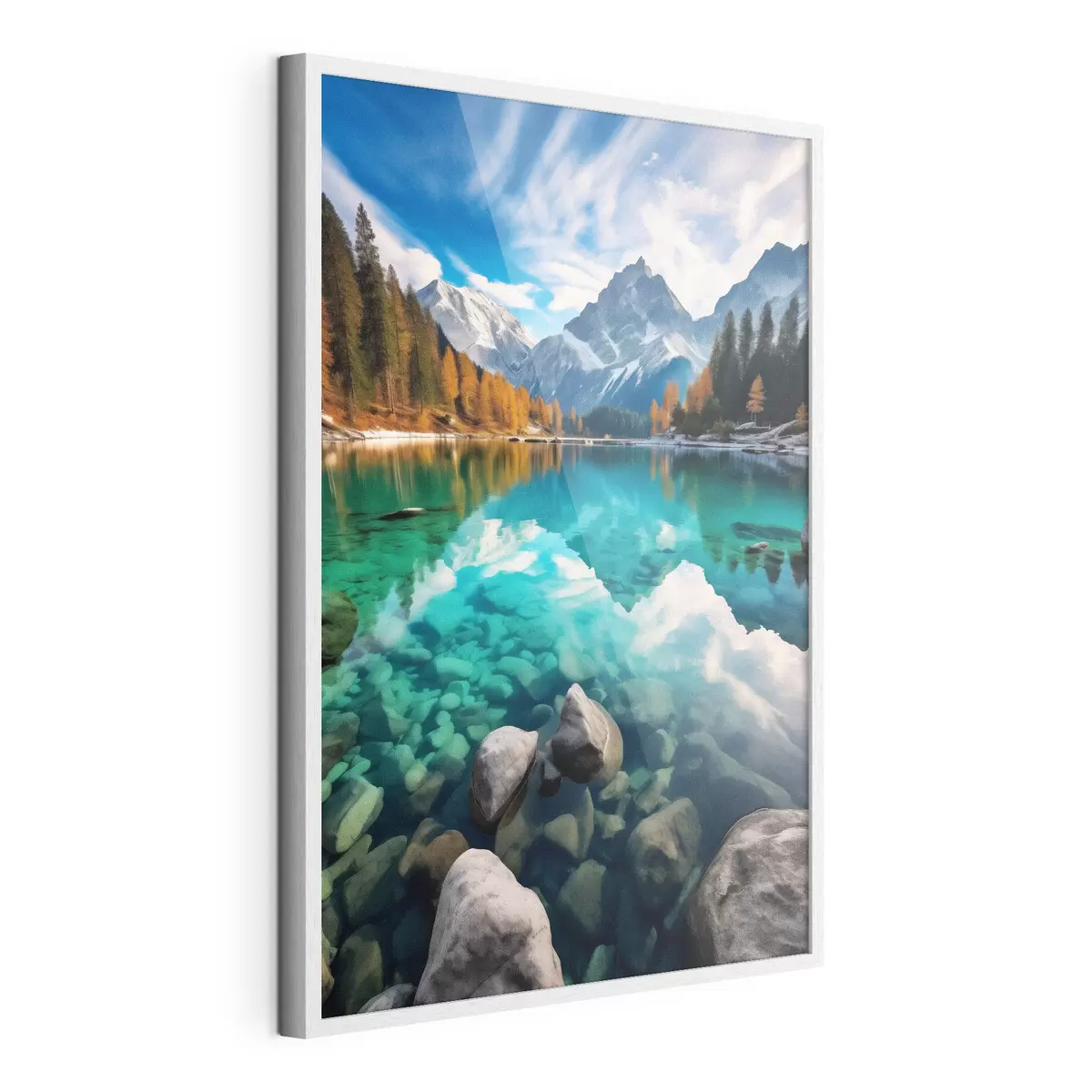 Poster Lago de montaña con aguas turquesas y alerces otoñales f46517