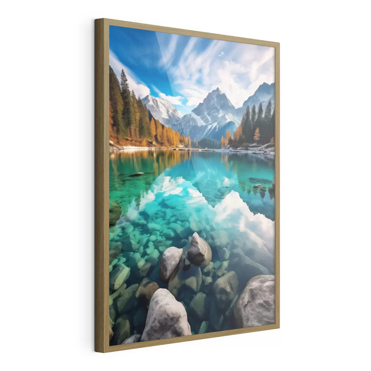 Poster Lago de montaña con aguas turquesas y alerces otoñales f46517