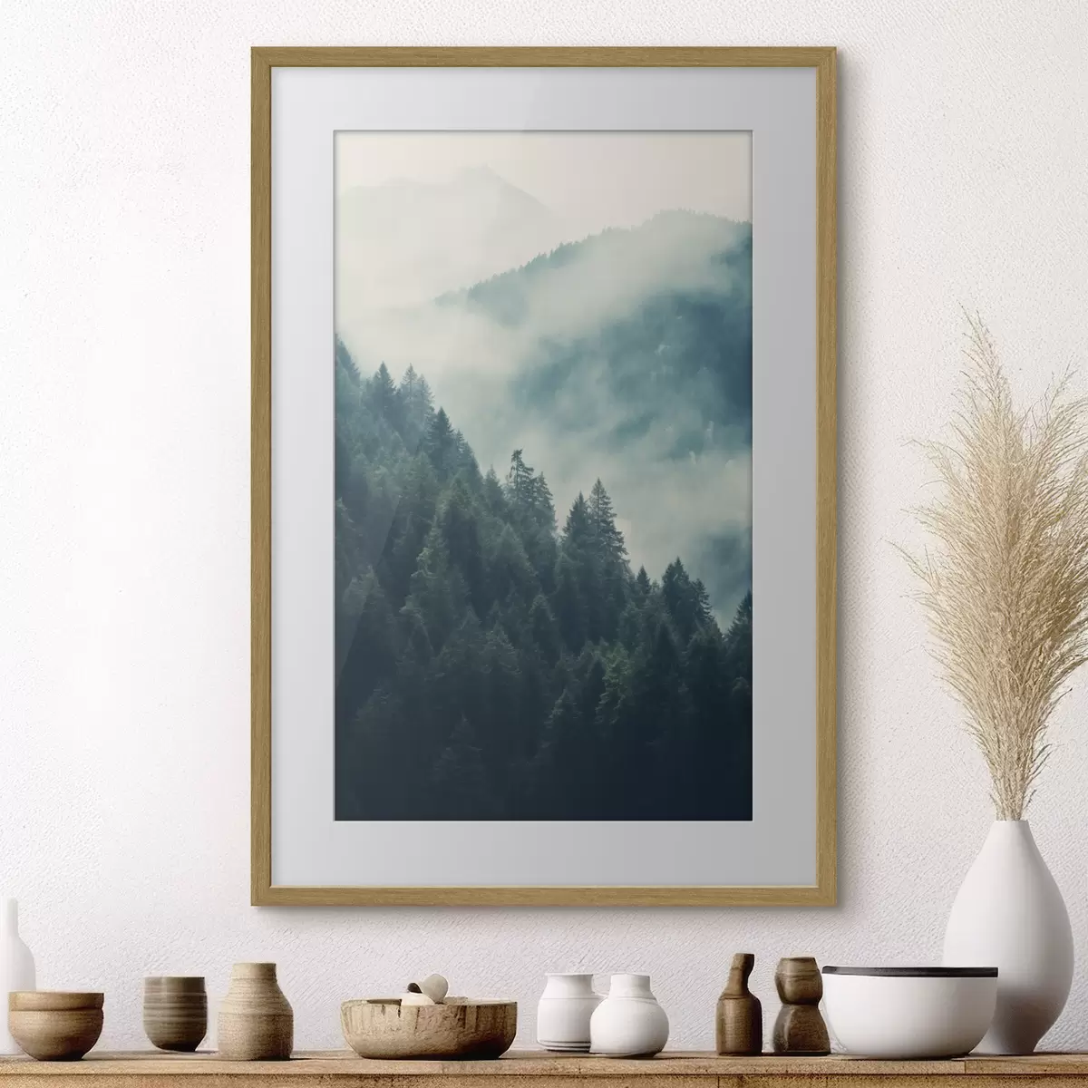 Poster Crestas montañosas brumosas y bosques oscuros de coníferas f46518
