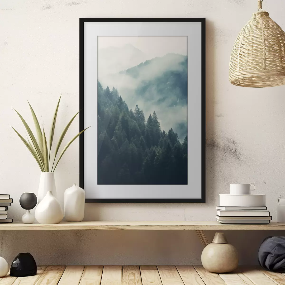 Poster Crestas montañosas brumosas y bosques oscuros de coníferas f46518