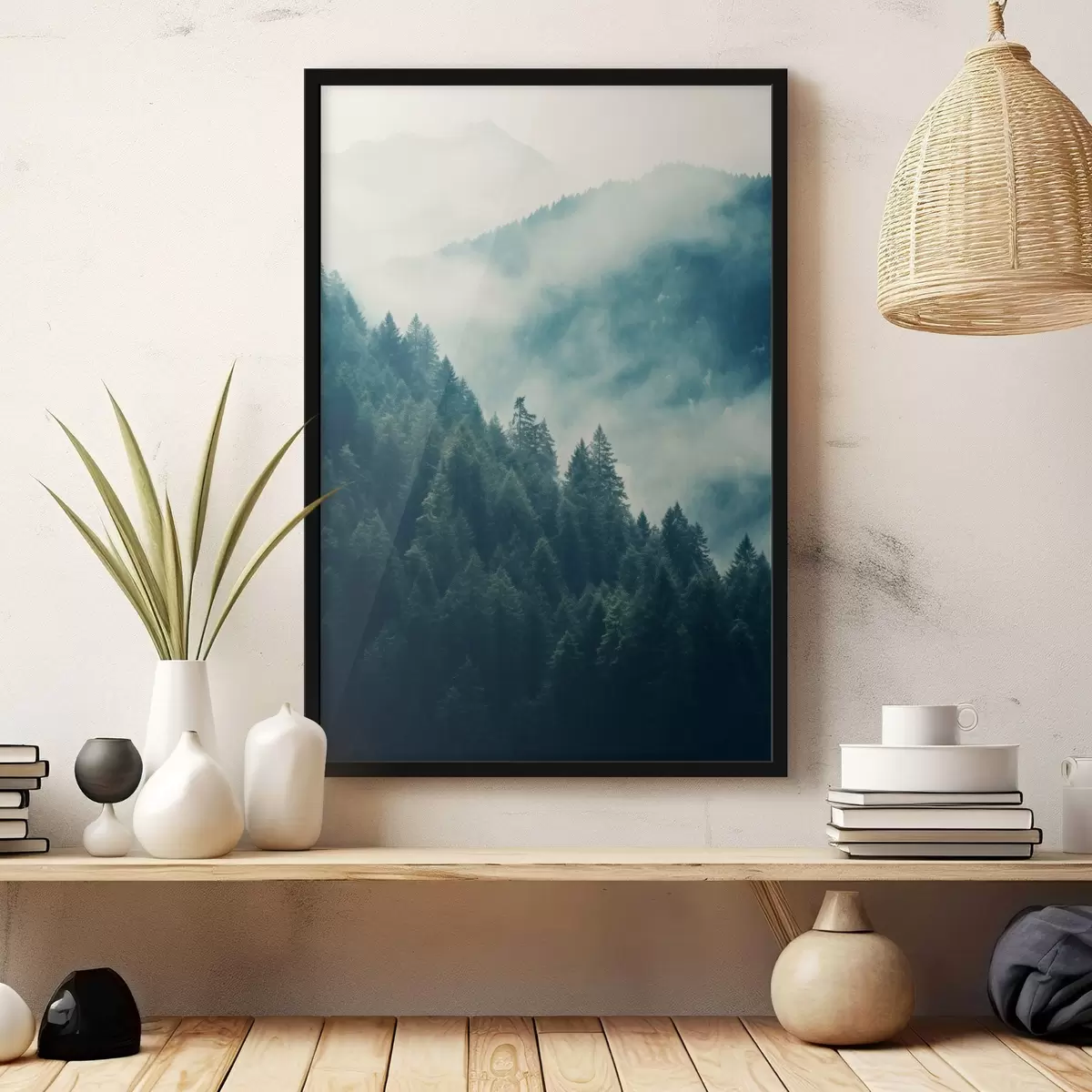 Poster Crestas montañosas brumosas y bosques oscuros de coníferas f46518