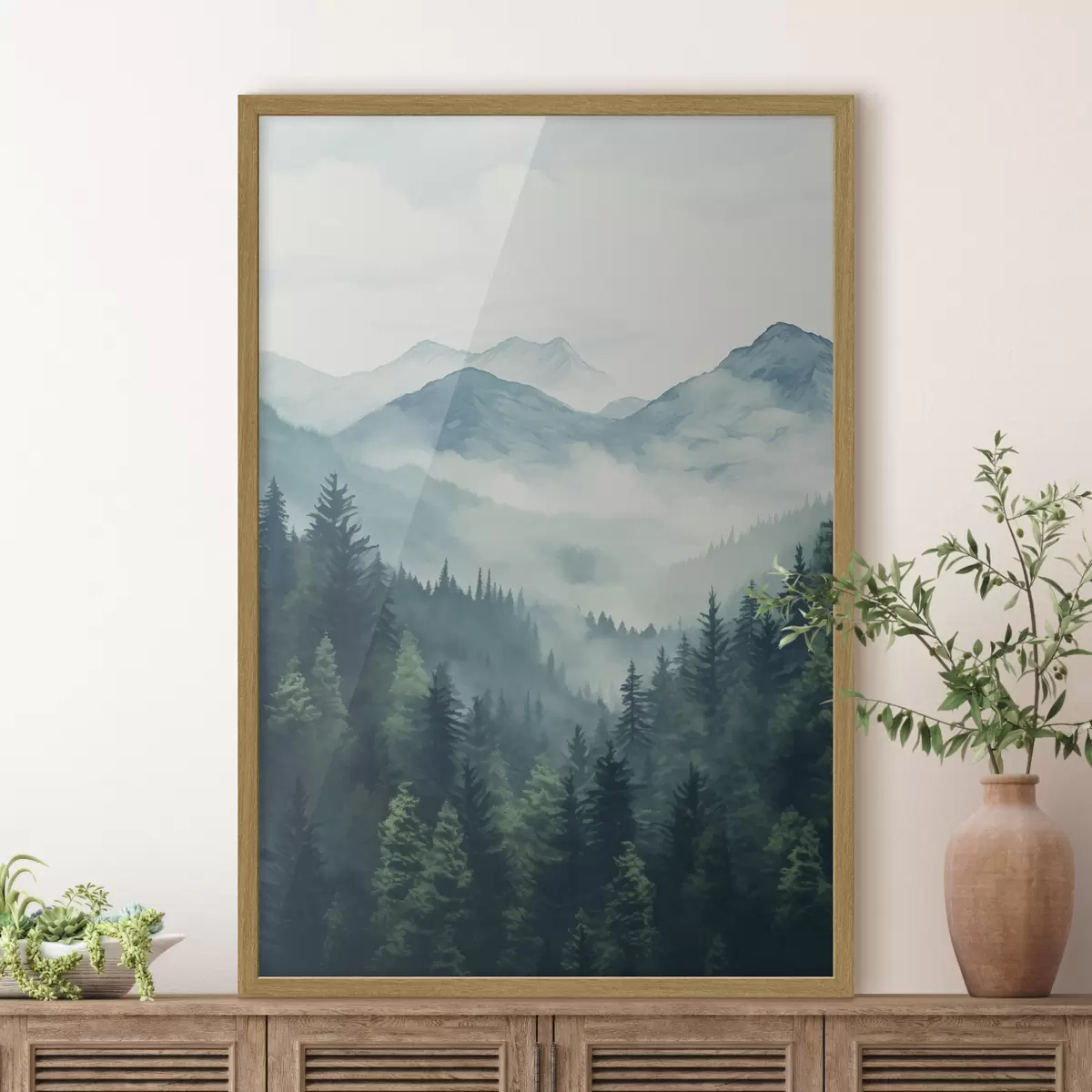 Poster Montañas y bosques pintados con acuarela en la suave bruma matinal f46519
