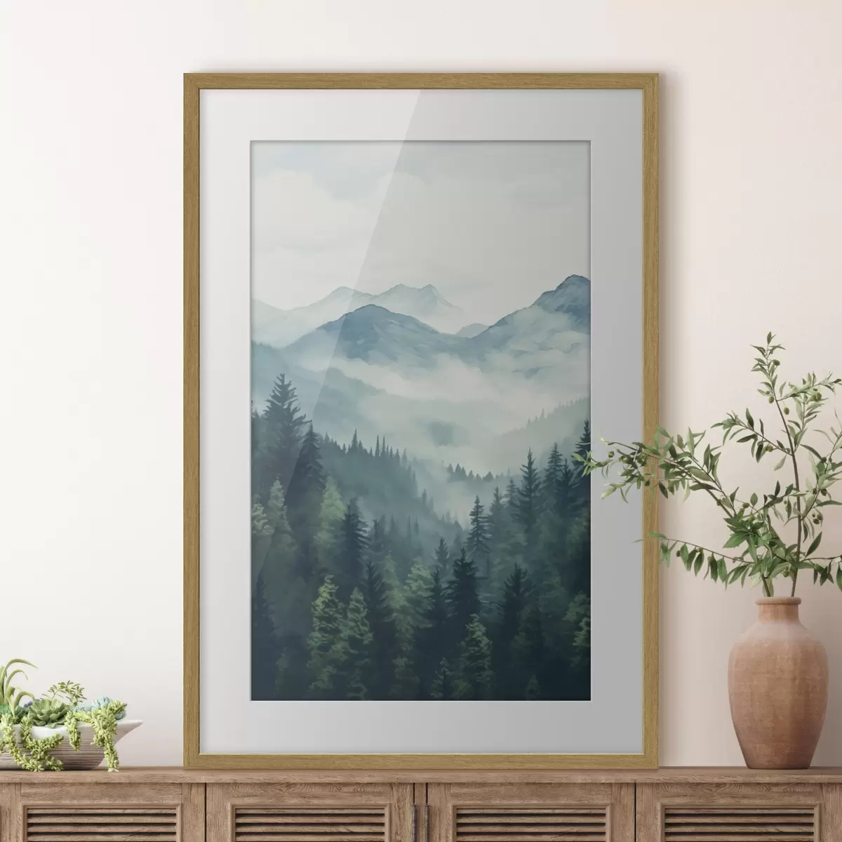 Poster Montañas y bosques pintados con acuarela en la suave bruma matinal f46519