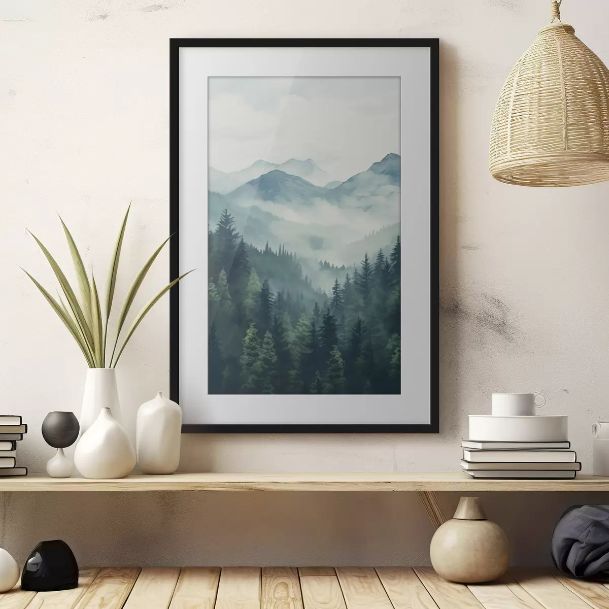 Poster Montañas y bosques pintados con acuarela en la suave bruma matinal f46519
