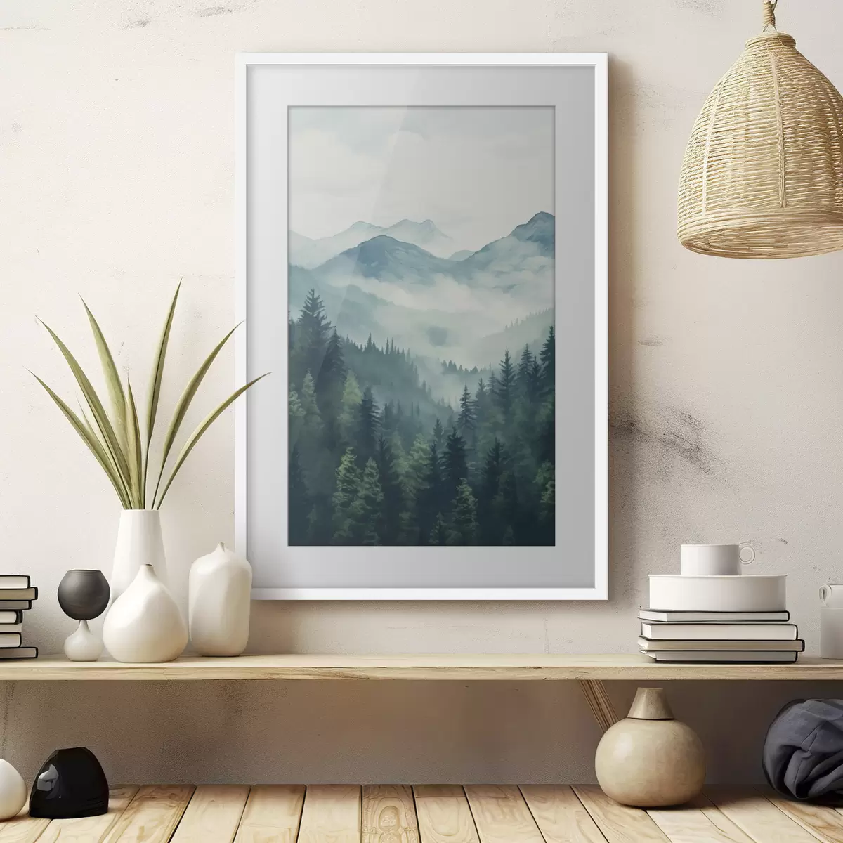 Poster Montañas y bosques pintados con acuarela en la suave bruma matinal f46519