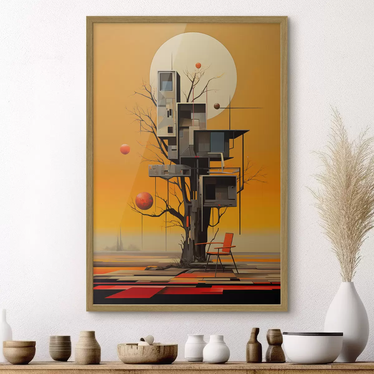 Poster Casa del árbol surrealista sobre un fondo naranja f46526