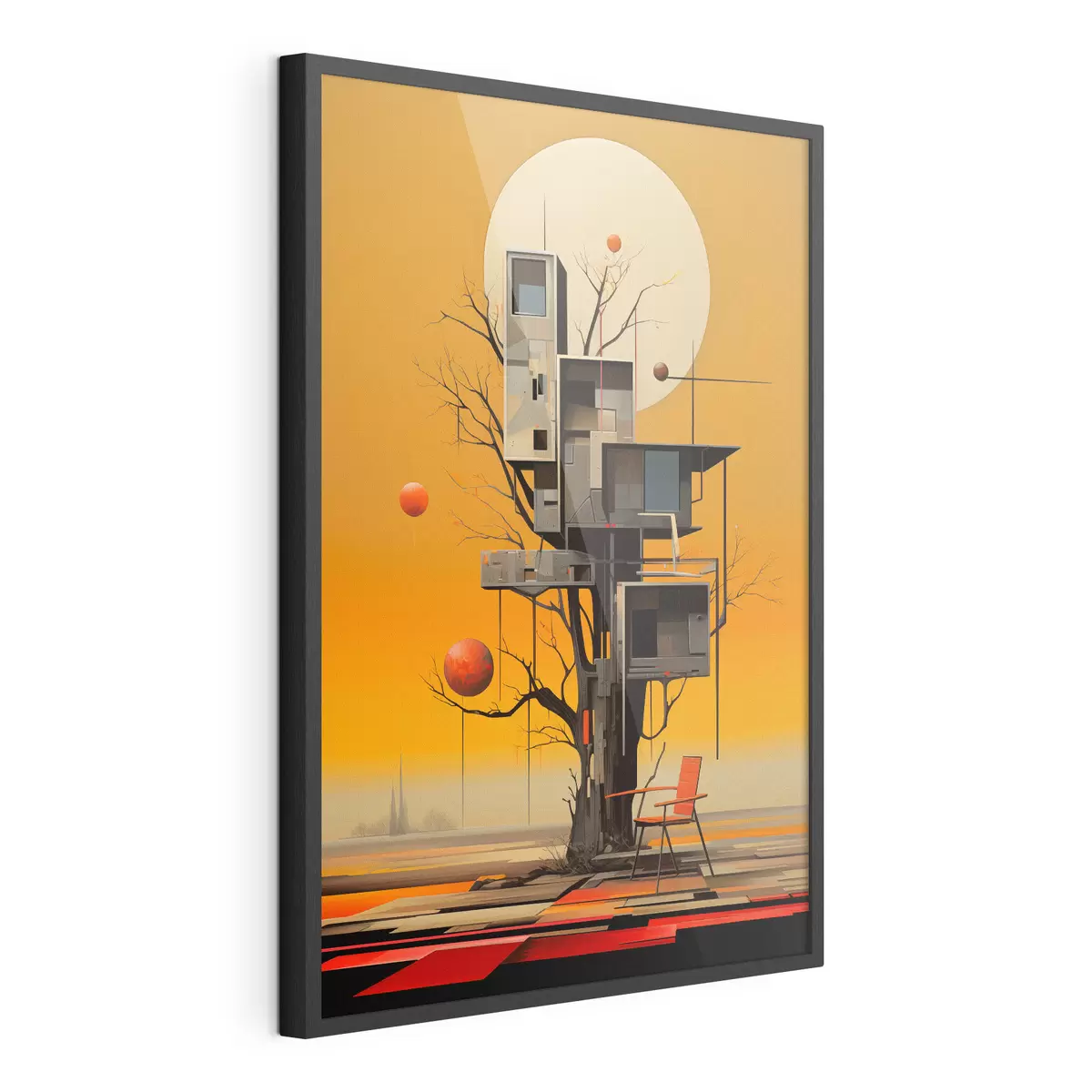 Poster Casa del árbol surrealista sobre un fondo naranja f46526