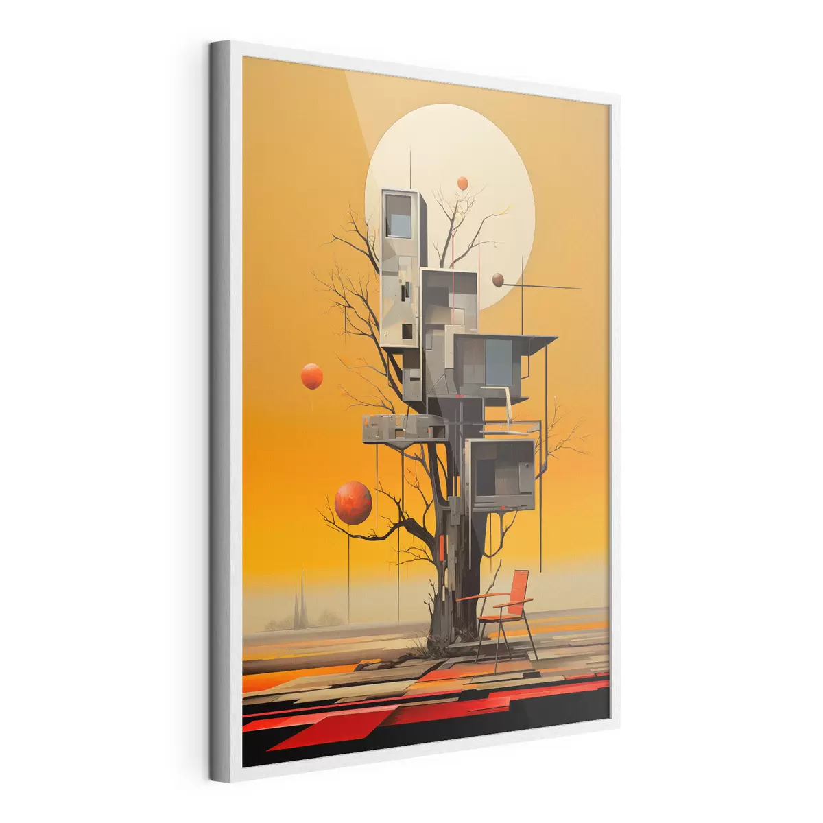 Poster Casa del árbol surrealista sobre un fondo naranja f46526