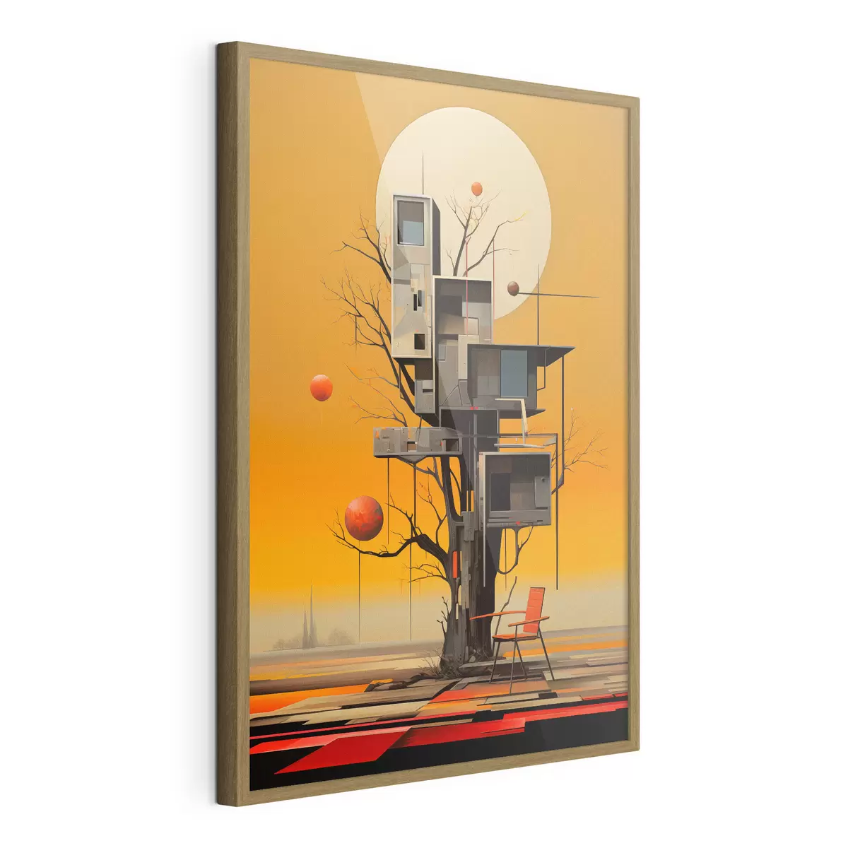 Poster Casa del árbol surrealista sobre un fondo naranja f46526