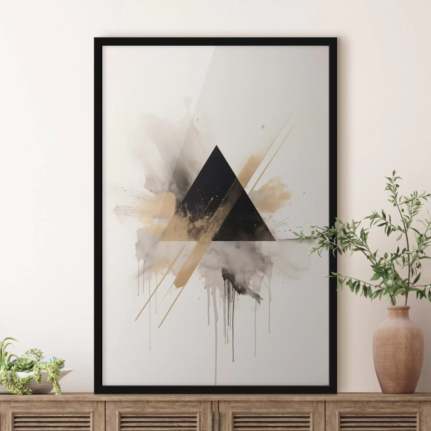 murales de pared Geometría: triángulo negro con salpicaduras y líneas claras. f46540