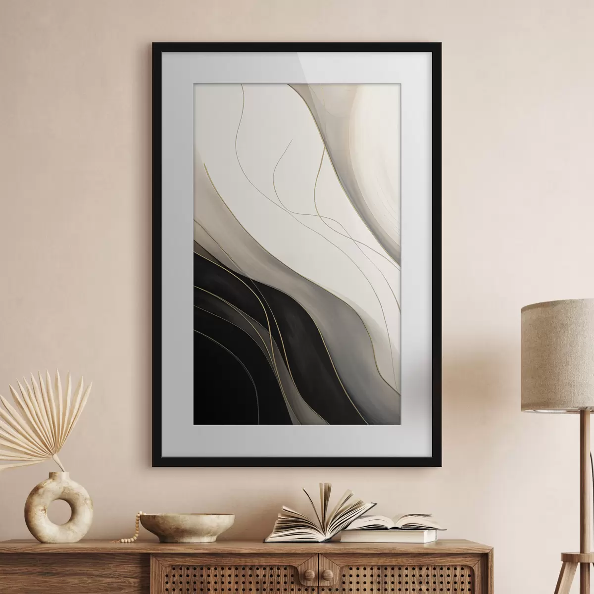 Poster Ondas en negro y beige con finas líneas ocres f46541