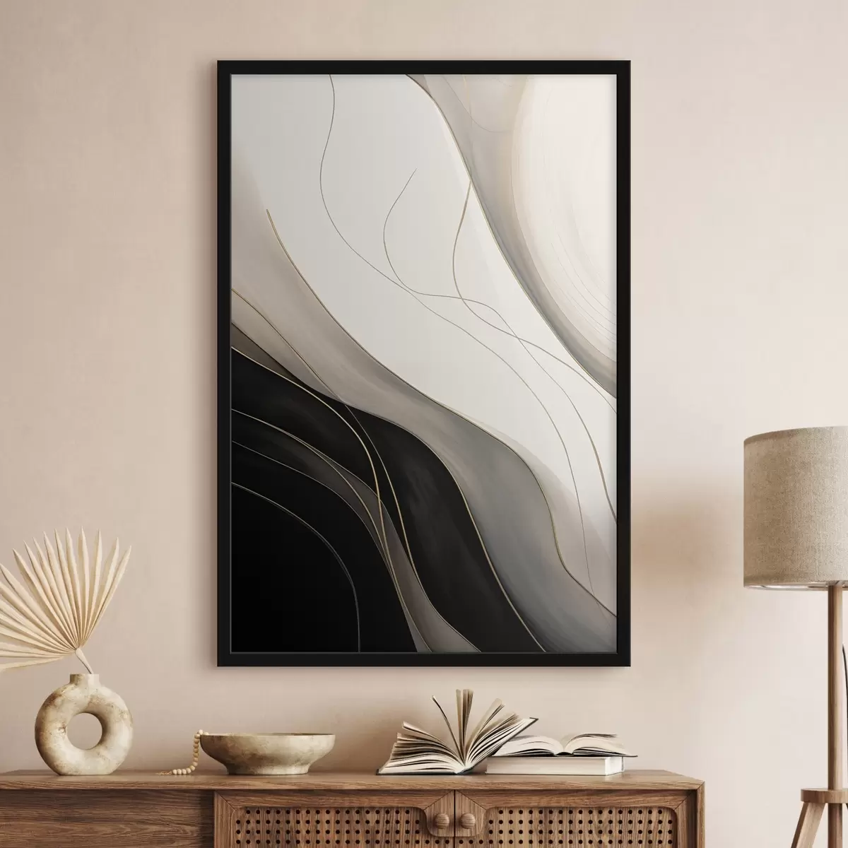 Poster Ondas en negro y beige con finas líneas ocres. f46541