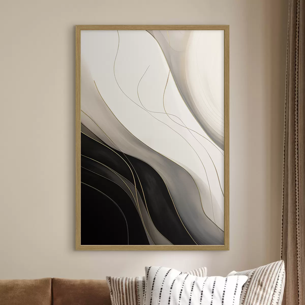 Poster Ondas en negro y beige con finas líneas ocres f46541