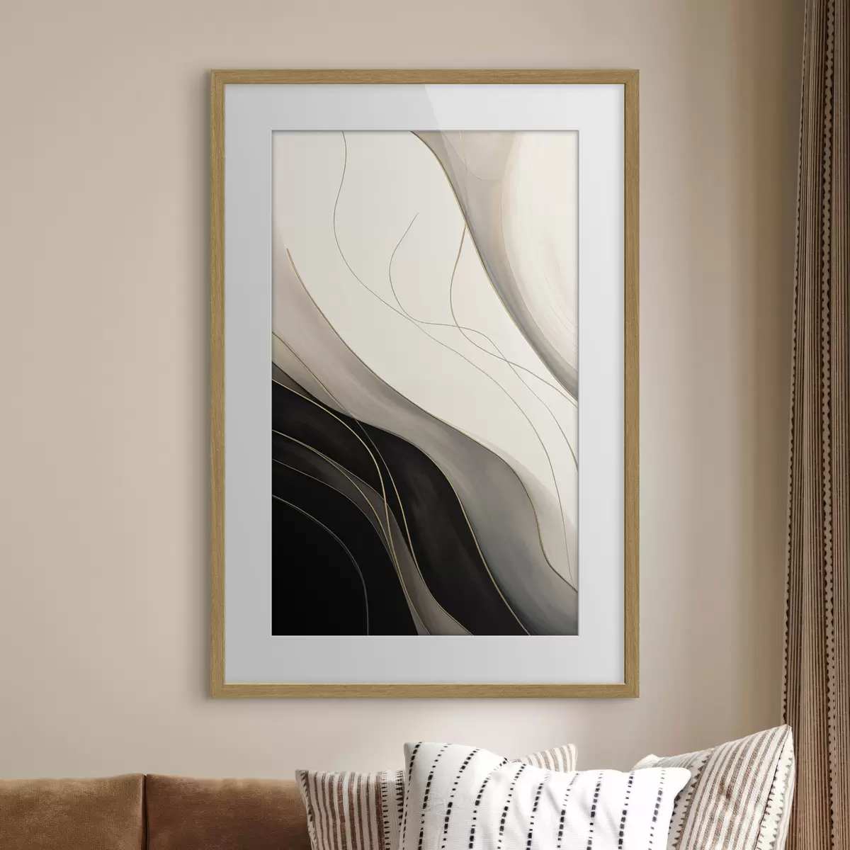 Poster Ondas en negro y beige con finas líneas ocres f46541