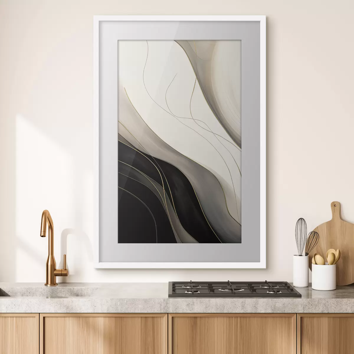 Poster Ondas en negro y beige con finas líneas ocres f46541