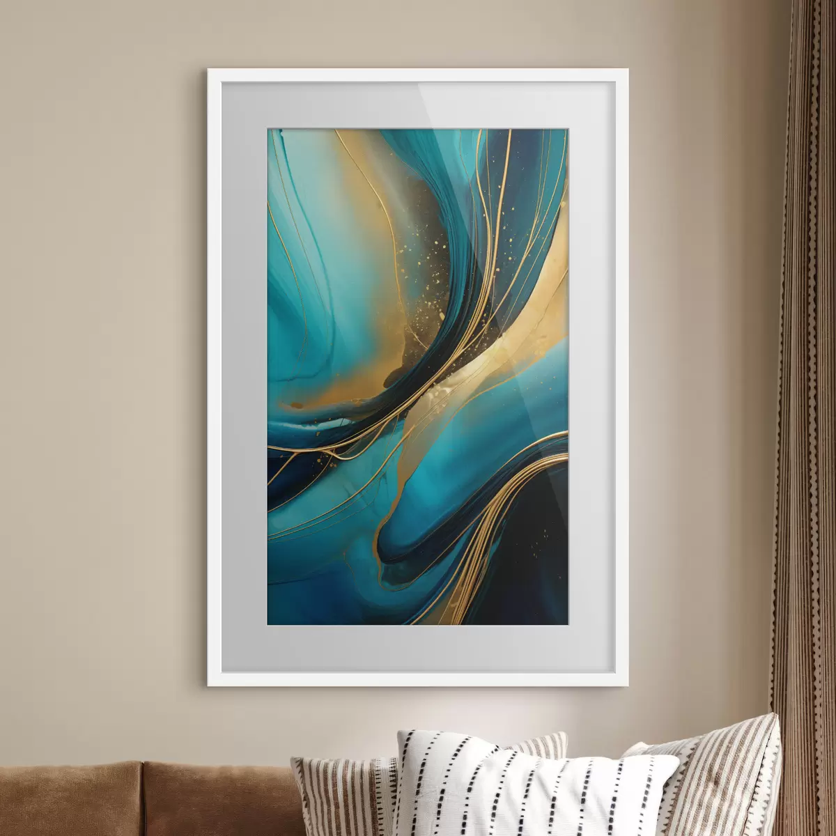 Poster Flujo turquesa con finos hilos ocres f46543
