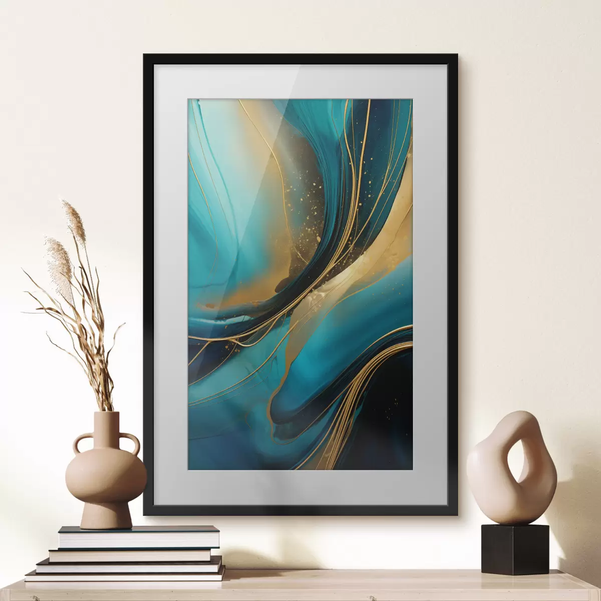 Poster Flujo turquesa con finos hilos ocres f46543