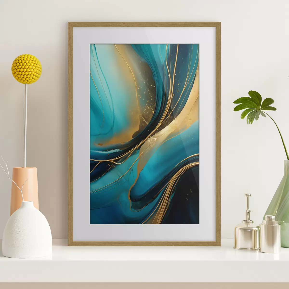 Poster Flujo turquesa con finos hilos ocres f46543