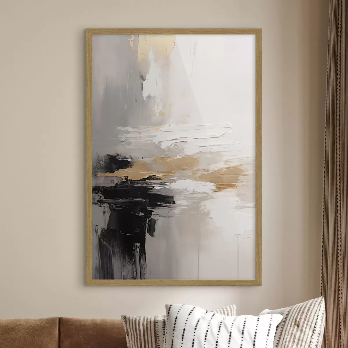 Poster Pinceladas en tonos nude con capas contrastantes en negro y ocre f46544