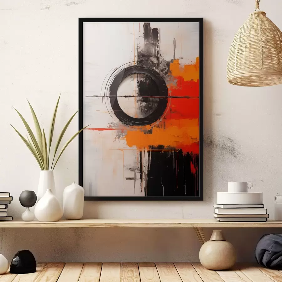 murales de pared Círculo negro sobre fondo blanco, trazos y salpicaduras naranjas. f46549