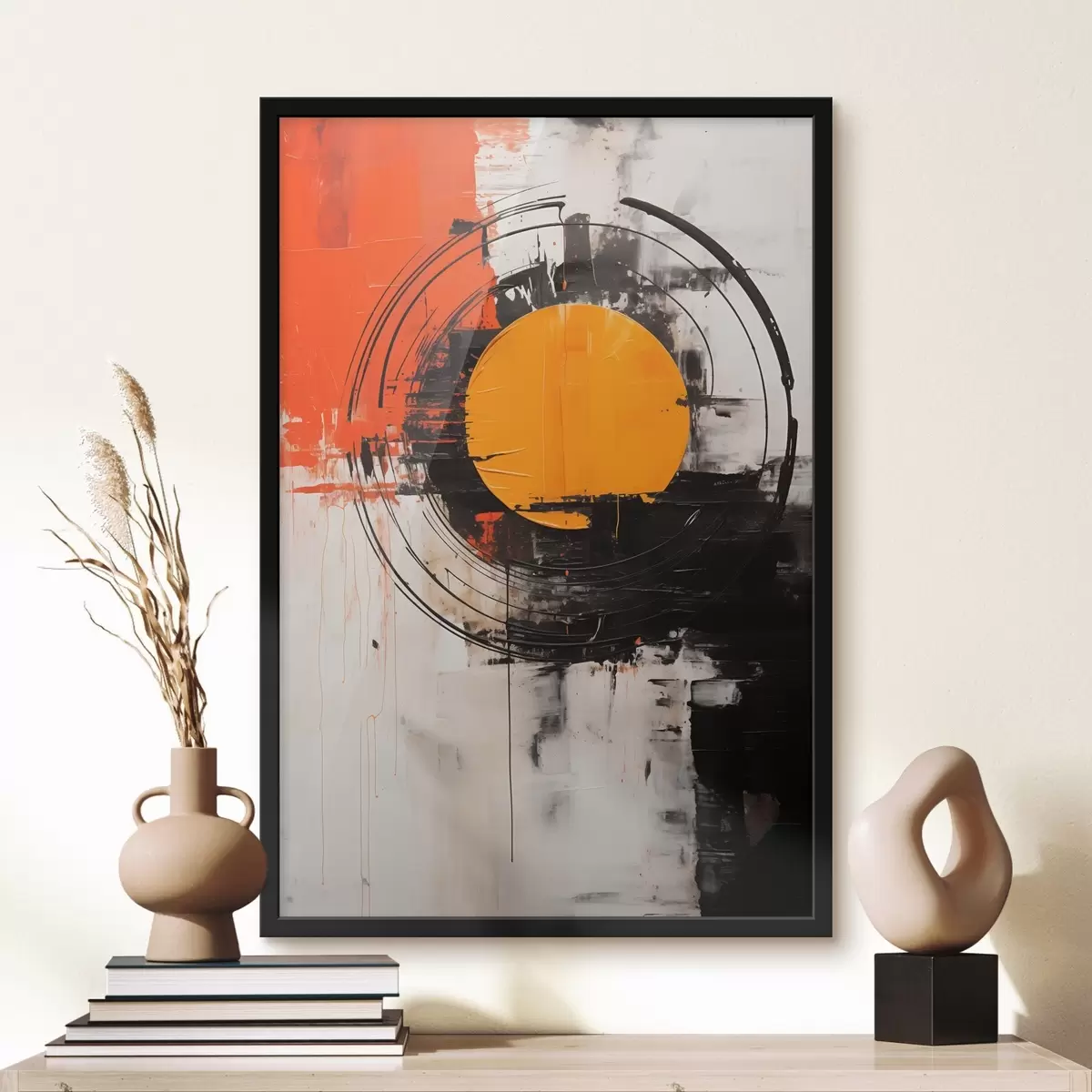 Poster Disco naranja dentro de un anillo negro, trazos y salpicaduras. f46550