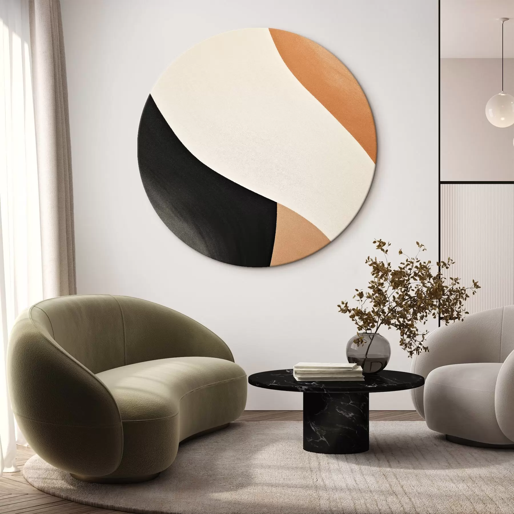 murales de pared Curva en S llamativa en color crema, negro y detalles en terracota r46495