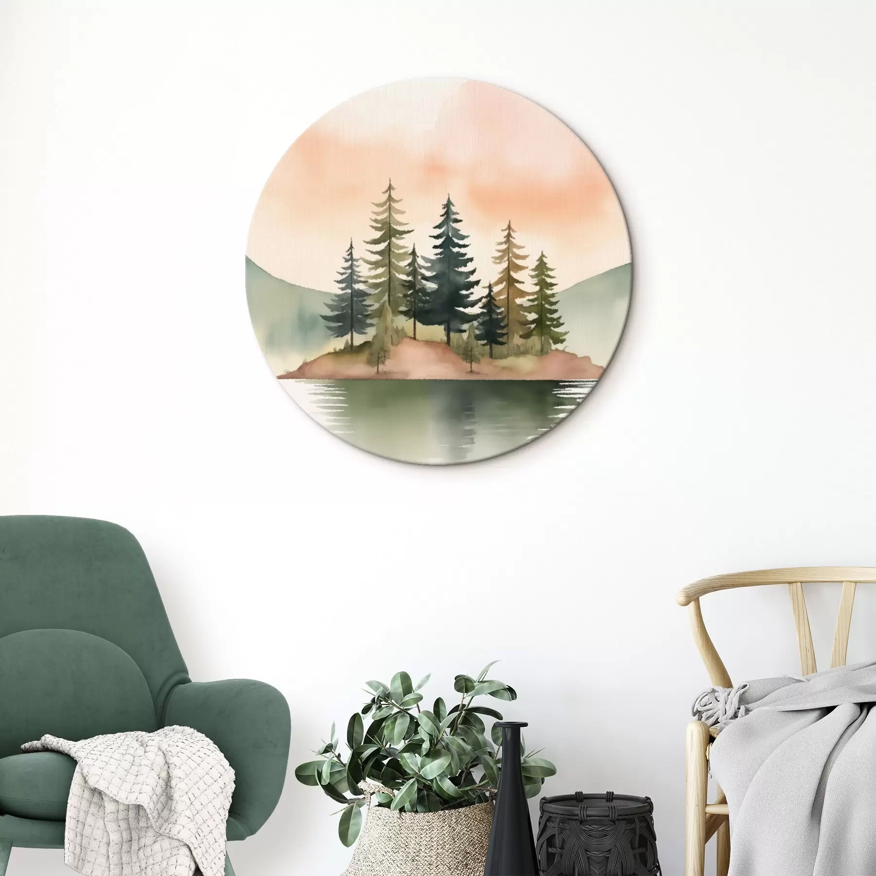 murales de pared Pinos acuarelados en un islote brumoso, cielo suave color melocotón r46505