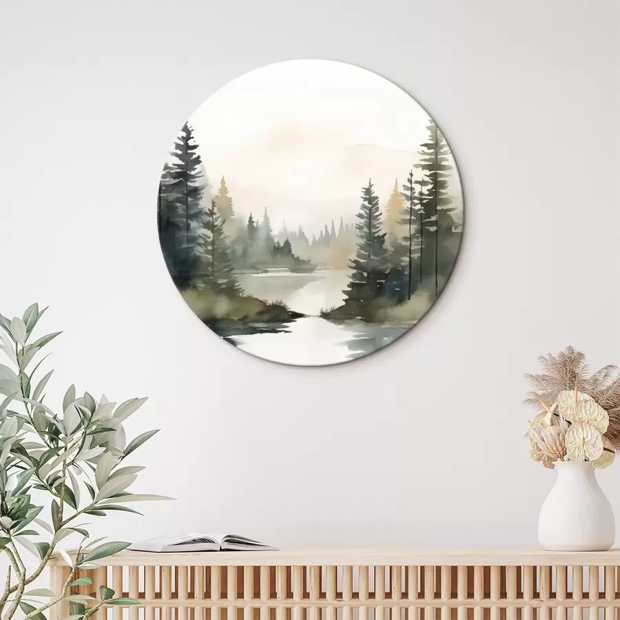 murales de pared Bosque brumoso de coníferas sobre un río tranquilo, estilo acuarela r46507