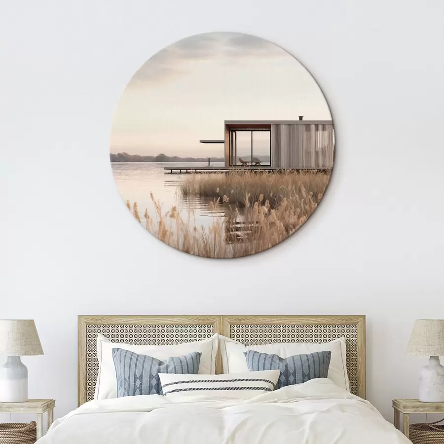 murales de pared Moderna cabaña junto al lago entre juncos al atardecer r46513