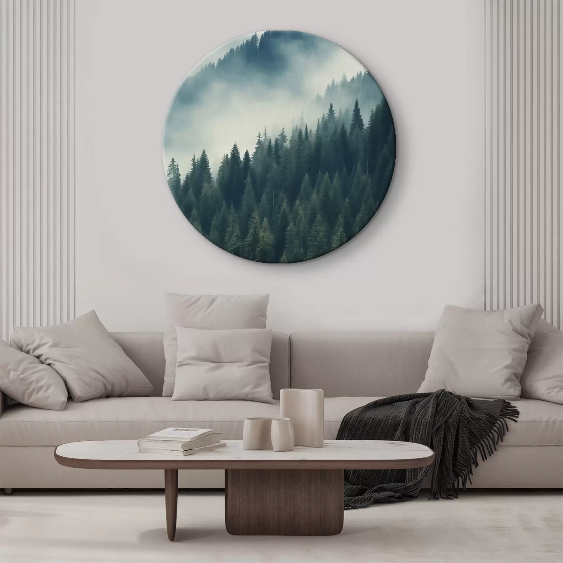 murales de pared Niebla sobre laderas cubiertas de coníferas, tonos verdes intensos r46516