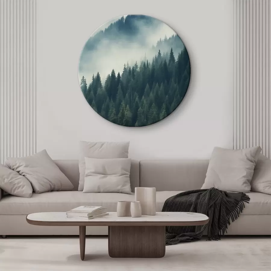 murales de pared Niebla sobre laderas cubiertas de coníferas, tonos verdes intensos r46516