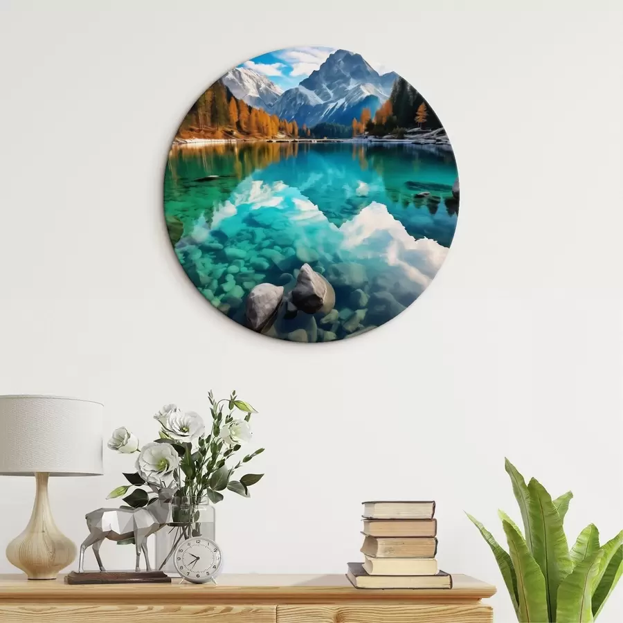 murales de pared Lago de montaña con aguas turquesas y alerces otoñales r46517