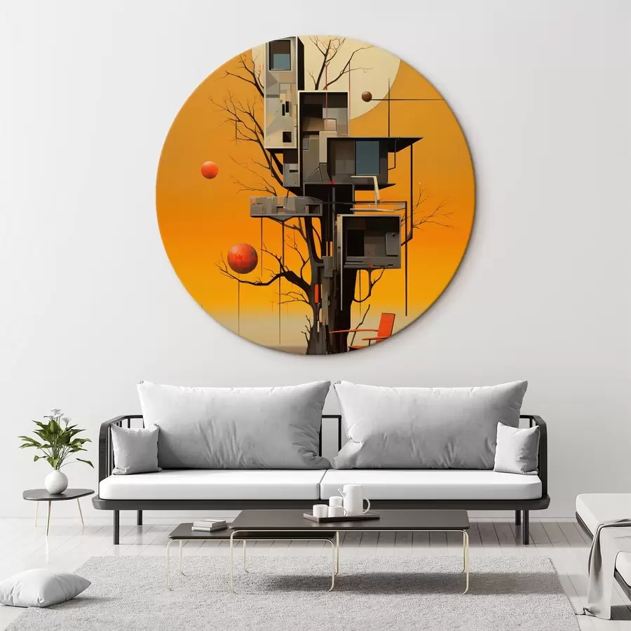 murales de pared Casa del árbol surrealista sobre un fondo naranja r46526