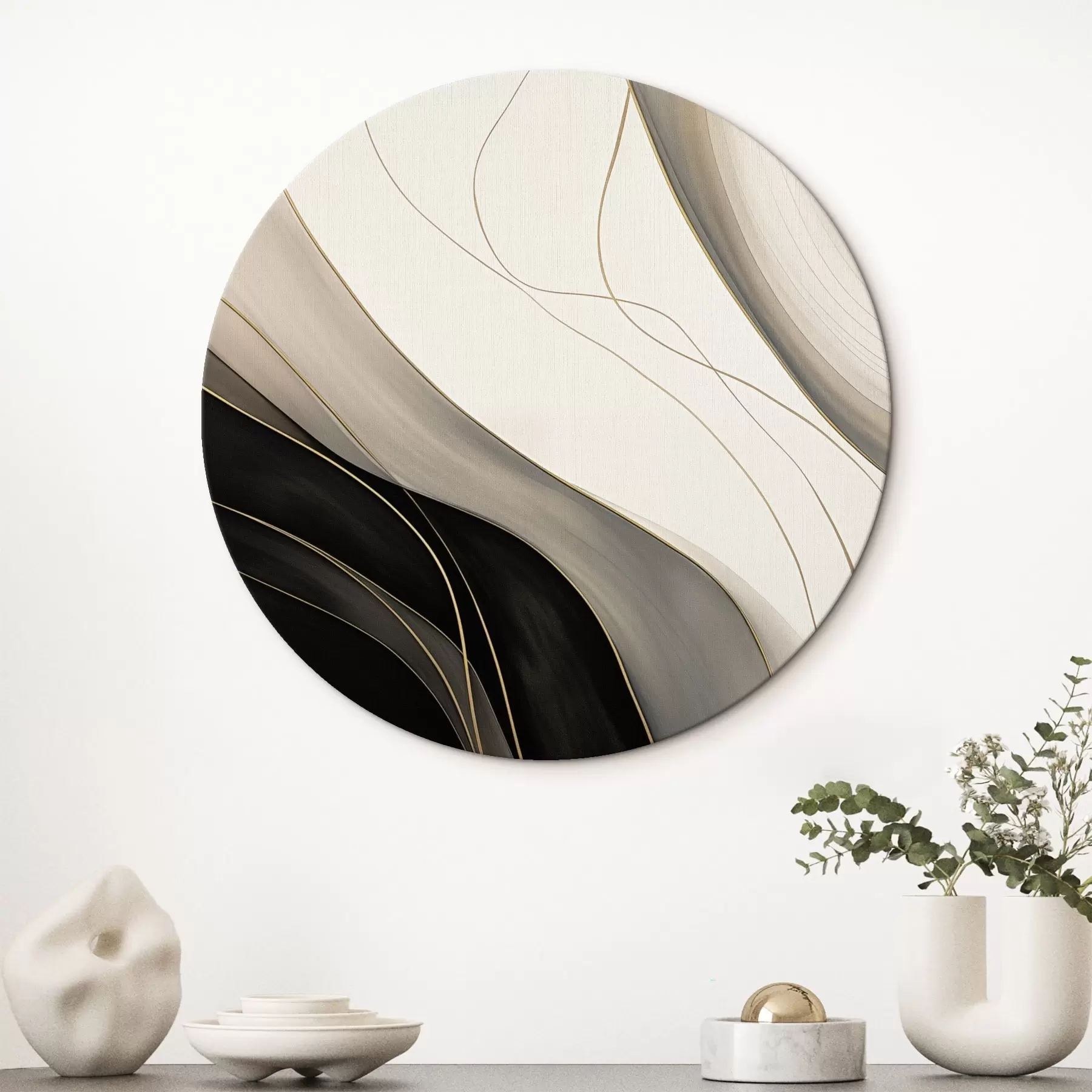 murales de pared Ondas en negro y beige con finas líneas ocres r46541