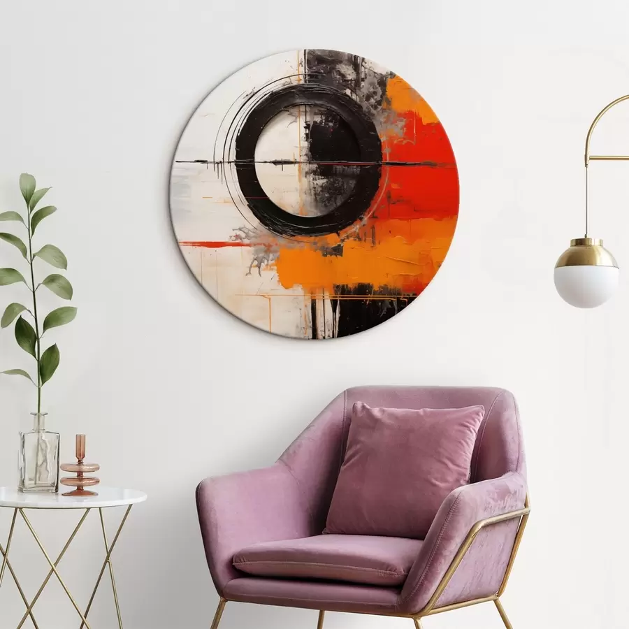murales de pared Círculo negro sobre fondo blanco, trazos y salpicaduras naranjas r46549