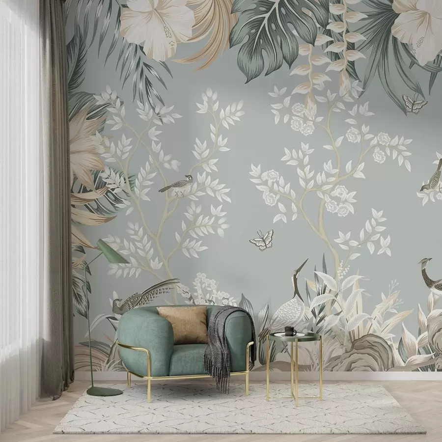 murales de pared Arte tropical en tonos pastel con textura, con pájaros, mariposas, flores de hibisco, hojas de palmera y árboles sobre un fondo azul claro. w09528