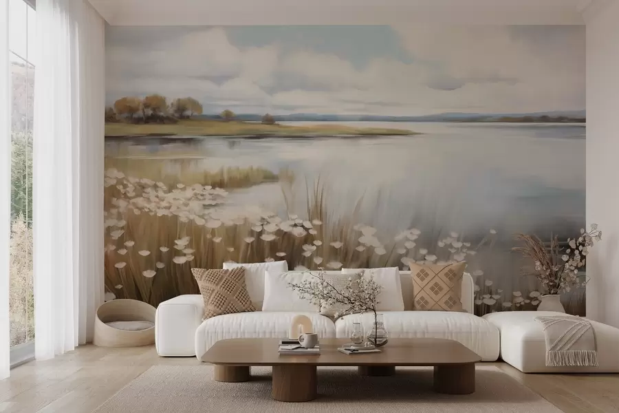 murales de pared Paisaje con textura, campo de flores blancas y hierba alta, un lago al fondo, una colina cubierta de hierba con árboles, colores suaves. w09530