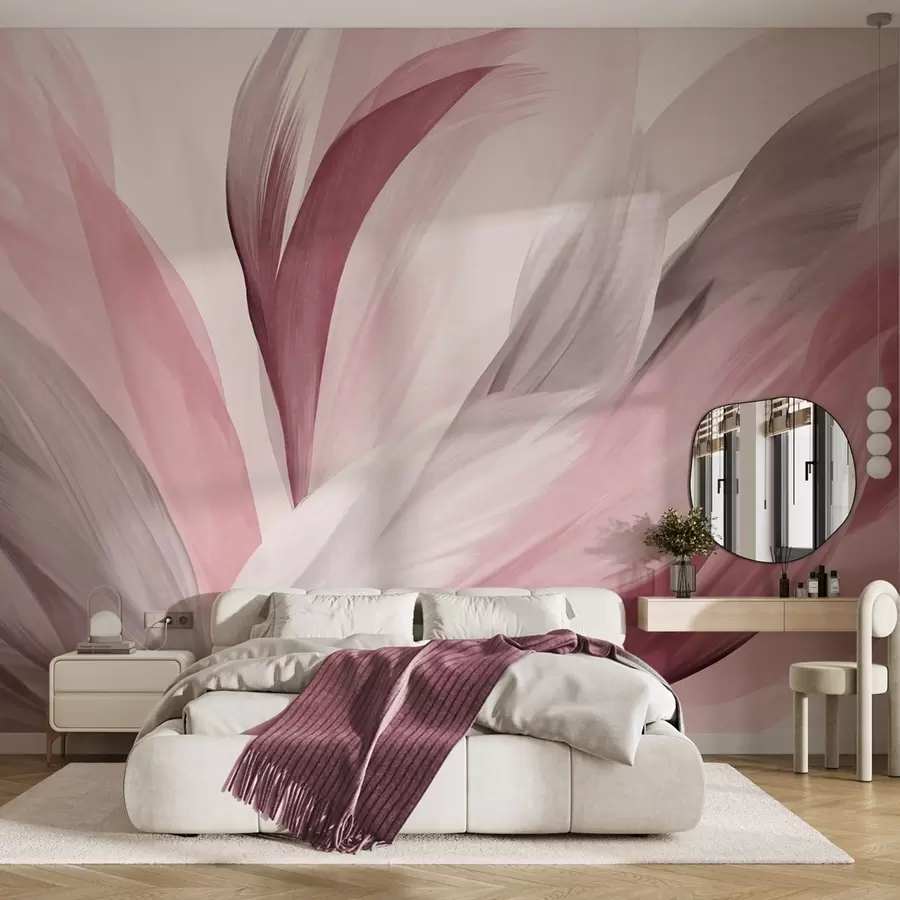 murales de pared Plumas abstractas con textura en rosa, blanco y gris y varios tonos, superpuestas sobre un fondo blanco. w09531v2