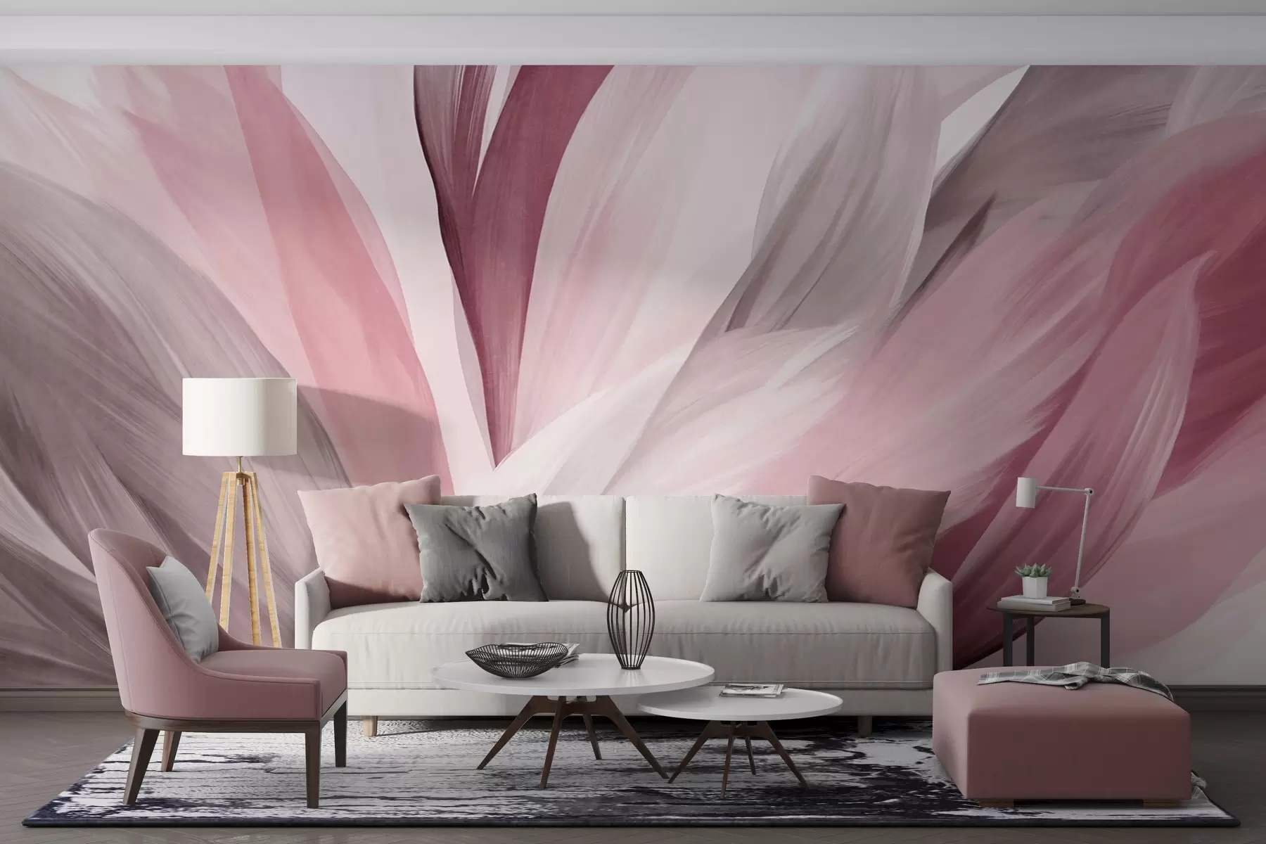 murales de pared Plumas abstractas con textura en rosa, blanco y gris y varios tonos, superpuestas sobre un fondo blanco w09531v2