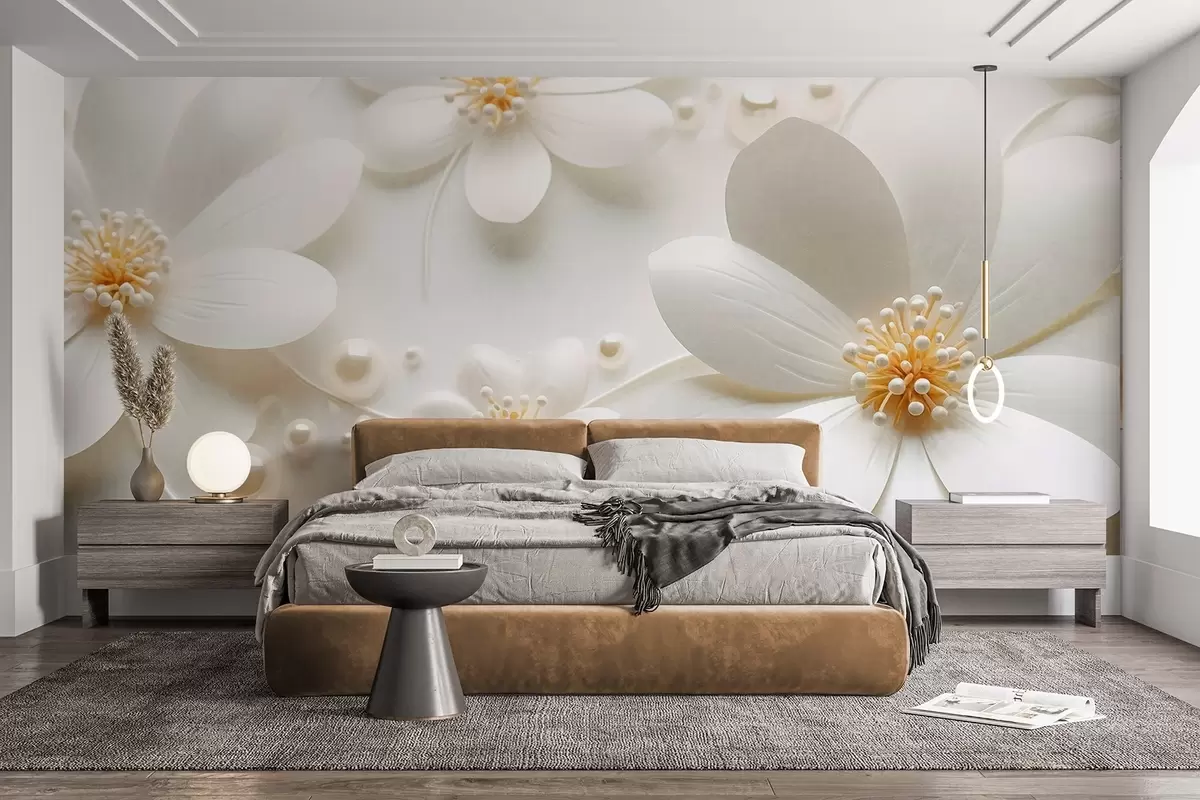 murales de pared Flores blancas con perlas esparcidas sobre un fondo blanco, diseño elegante y minimalista, con textura. w09535