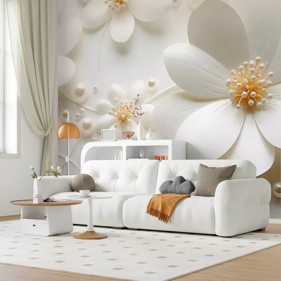 murales de pared Flores blancas con perlas esparcidas sobre un fondo blanco, diseño elegante y minimalista, con textura. w09535
